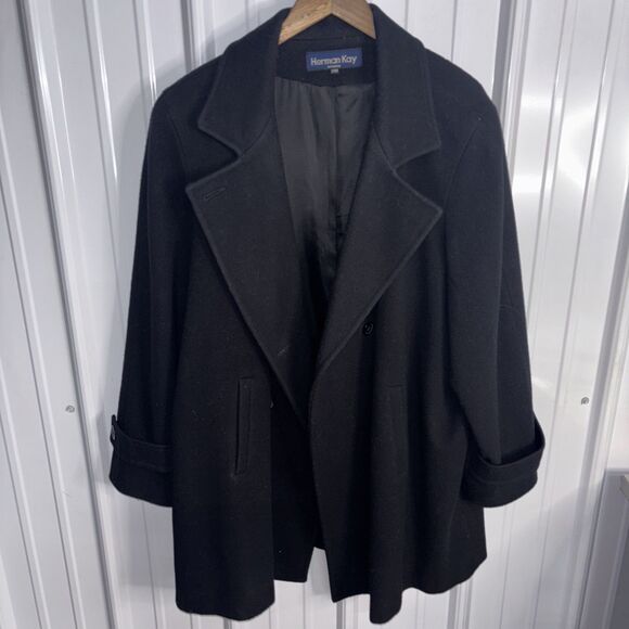Herman Kay Woman Size 24 100% Wool Black Double Breasted Pea Coat - Picture 1 of 7